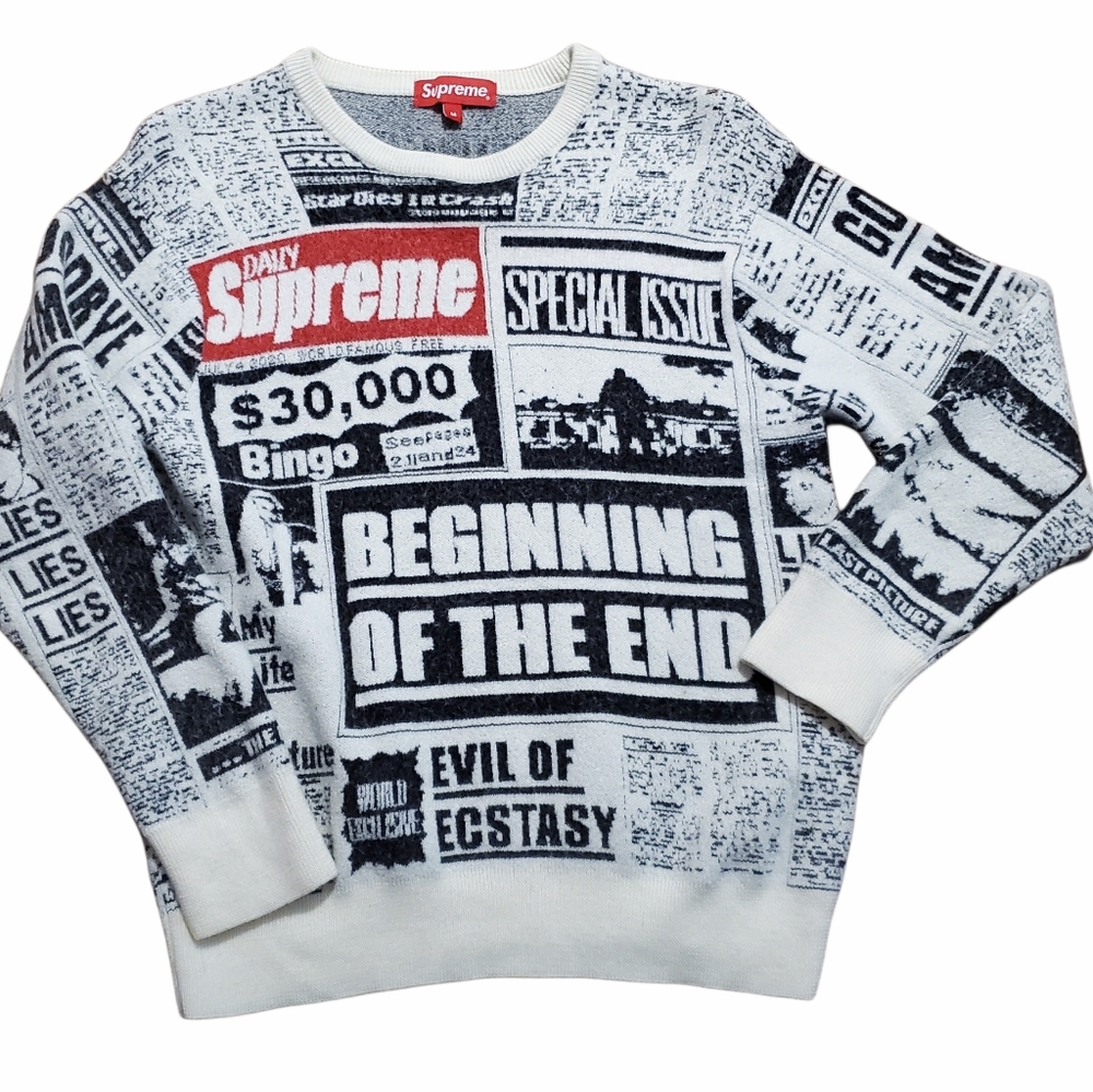 Supreme Knit Merino Wool News Paper Tabloid Print 2018 Sweater Mens Size Med.